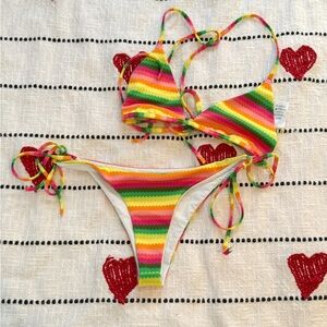 L space Rainbow Striped Bikini Set